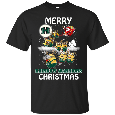 Hawaii Rainbow Warriors Ugly Christmas Sweaters Minions Santa Claus Merry Christmas Cotton T-Shirt - The White Eagles Hawaii Rainbow Warriors Ugly Christmas Sweaters Minions Santa Claus Merry Christmas Cotton T-Shirt - The White Eagles