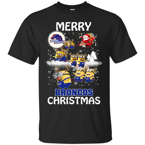 Boise State Broncos Ugly Christmas Sweaters Minions Santa Claus Merry Christmas Cotton T-Shirt - The White Eagles Boise State Broncos Ugly Christmas Sweaters Minions Santa Claus Merry Christmas Cotton T-Shirt - The White Eagles