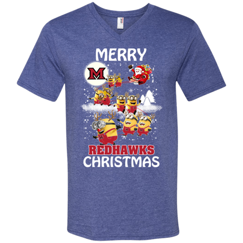 Miami Redhawks Ugly Christmas Sweaters Minions Santa Claus Merry Christmas Men's V-Neck T-Shirt - The White Eagles