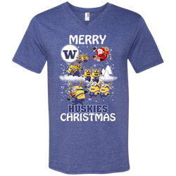 Washington Huskies Ugly Christmas Sweaters Minions Santa Claus Merry Christmas Men's V-Neck T-Shirt - The White Eagles