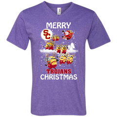 Usc Trojans Ugly Christmas Sweaters Minions Santa Claus Merry Christmas Men's V-Neck T-Shirt - The White Eagles