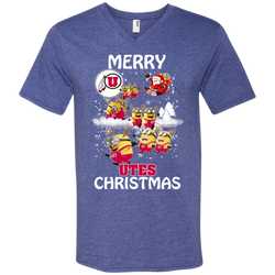 Utah Utes Ugly Christmas Sweaters Minions Santa Claus Merry Christmas Men's V-Neck T-Shirt - The White Eagles