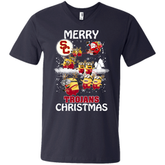 Usc Trojans Ugly Christmas Sweaters Minions Santa Claus Merry Christmas Men's V-Neck T-Shirt - The White Eagles