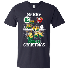 Eastern Michigan Eagles Ugly Christmas Sweaters Minions Santa Claus Merry Christmas Men's V-Neck T-Shirt - The White Eagles