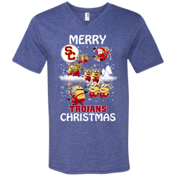 Usc Trojans Ugly Christmas Sweaters Minions Santa Claus Merry Christmas Men's V-Neck T-Shirt - The White Eagles