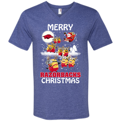 Arkansas Razorback Ugly Christmas Sweaters Minions Santa Claus Merry Christmas Men's V-Neck T-Shirt - The White Eagles