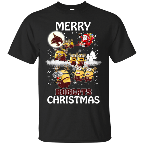 Texas State Bobcats Ugly Christmas Sweaters Minions Santa Claus Merry Christmas Cotton T-Shirt - The White Eagles
