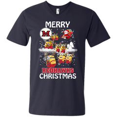 Miami Redhawks Ugly Christmas Sweaters Minions Santa Claus Merry Christmas Men's V-Neck T-Shirt - The White Eagles