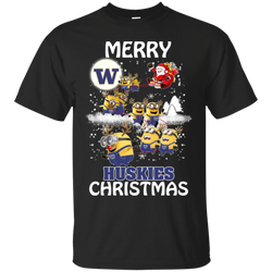 Washington Huskies Ugly Christmas Sweaters Minions Santa Claus Merry Christmas Cotton T-Shirt - The White Eagles