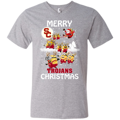 Usc Trojans Ugly Christmas Sweaters Minions Santa Claus Merry Christmas Men's V-Neck T-Shirt - The White Eagles