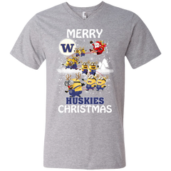 Washington Huskies Ugly Christmas Sweaters Minions Santa Claus Merry Christmas Men's V-Neck T-Shirt - The White Eagles